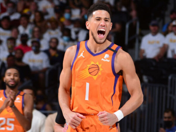 Devin Booker 1 Orange NBA jersey 24-25 playing