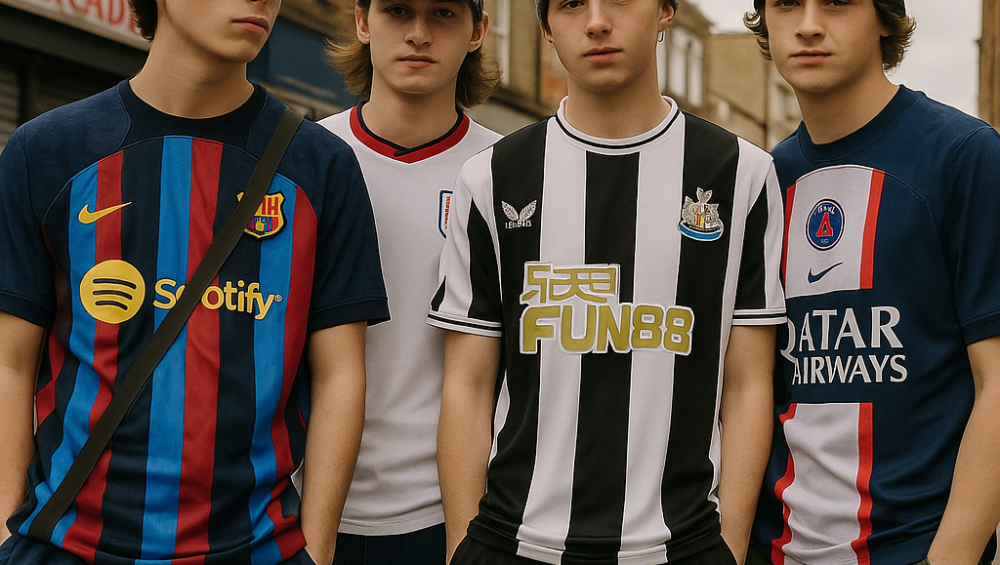 football shirt streetwear 2025 UK – young fans wearing Barcelona, England, Newcastle and PSG replica jerseys in a British urban setting