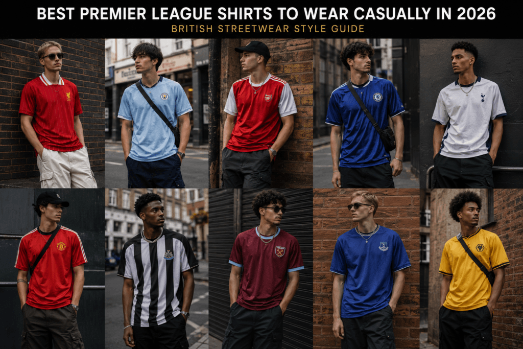 Best Premier League football shirts to wear casually in 2026 styled in a British streetwear setting